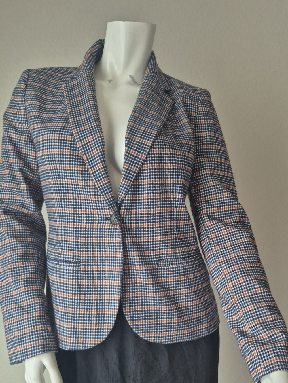 Merona Navy and Tan Checked Single-Button Blazer